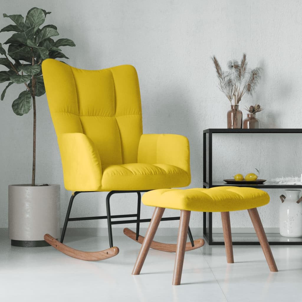 vidaXL Stylish Mustard Yellow Velvet Rocking Chair with Matching Stool Set - Comfortable Foam Padding, Steel Frame, and Wood Rocking Rails