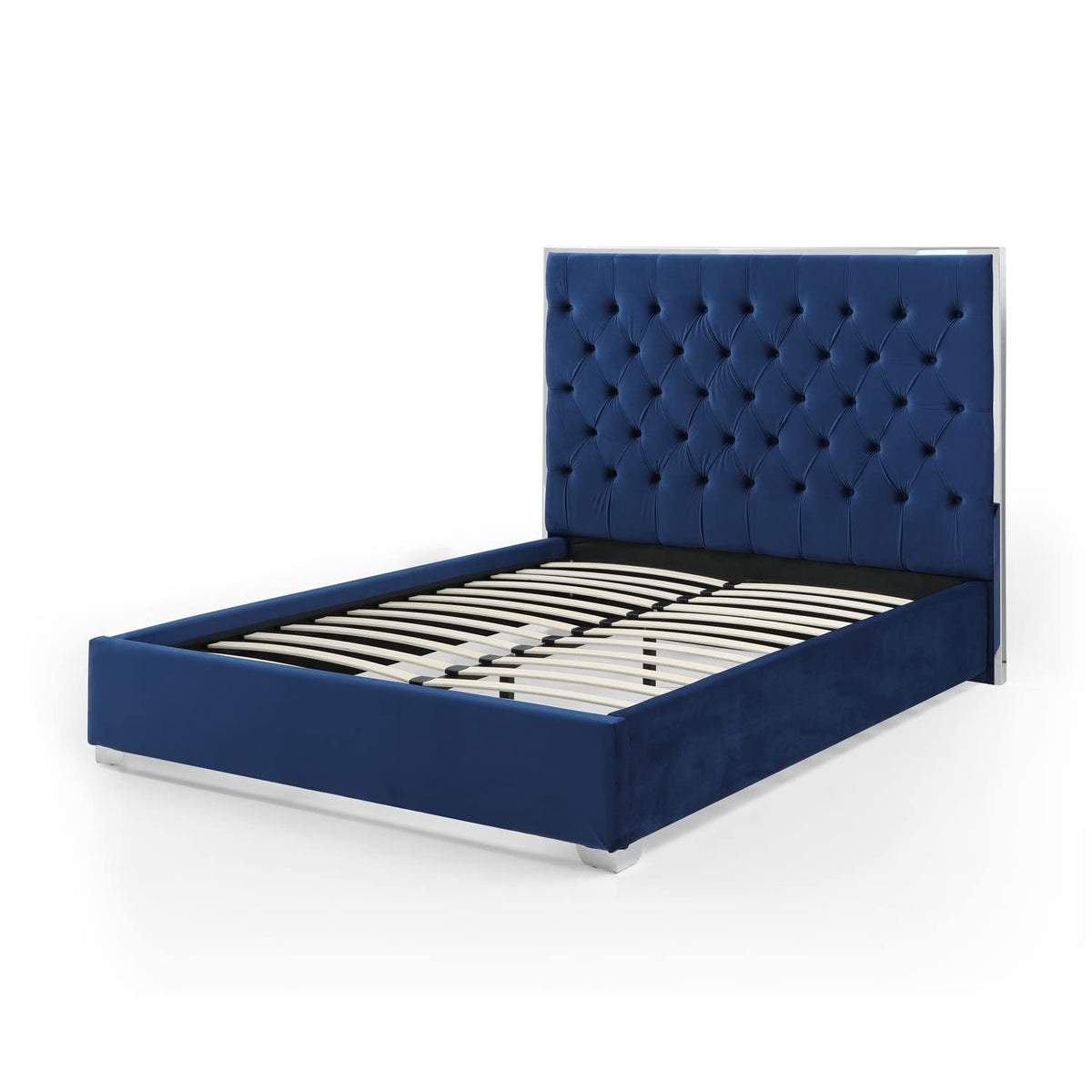 Better Home Products Sophia Velvet King Bed With Silver Metal Frame In Blue