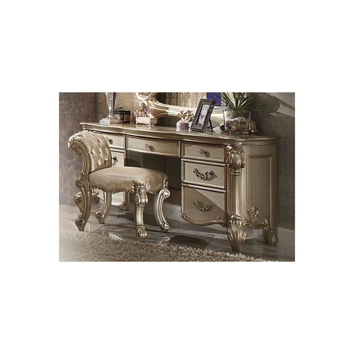 Benjara Benzara Queen Wooden Vanity Desk with Scrolled Poster Legs, Gold