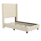 Flash Furniture Quinn Upholstered Platform Bed - Beige Channel Stitched Wingback Headboard - Twin - Mattress Foundation With Slatted Supports - No Box Spring Needed