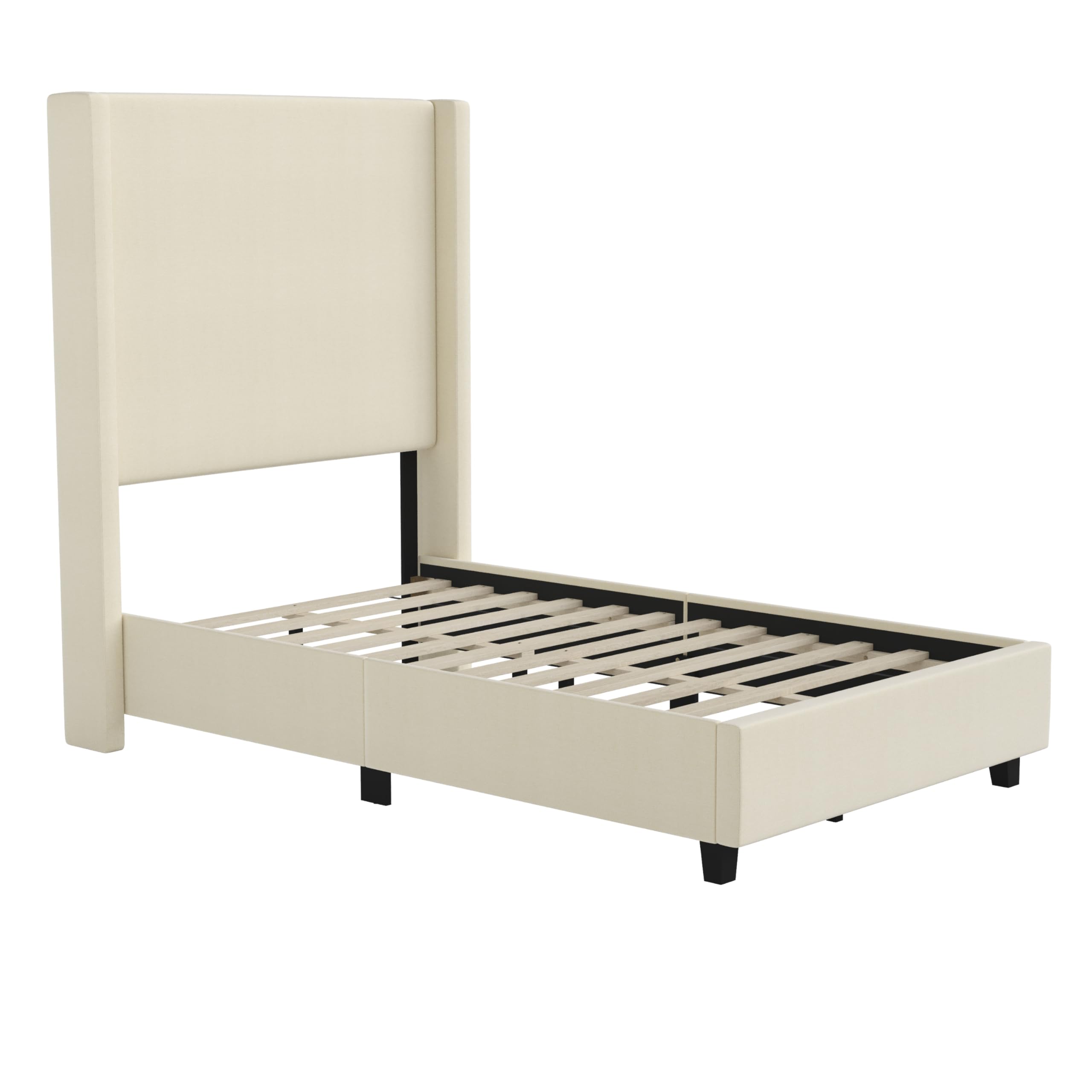 Flash Furniture Quinn Upholstered Platform Bed - Beige Channel Stitched Wingback Headboard - Twin - Mattress Foundation With Slatted Supports - No Box Spring Needed