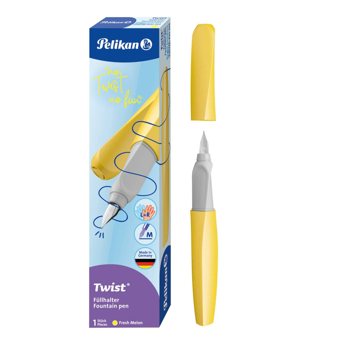 Pelikan Twist Fountain Pen With 1 Ink Cartridge, Medium Nib, Bright Sunshine, Boxed (820202)