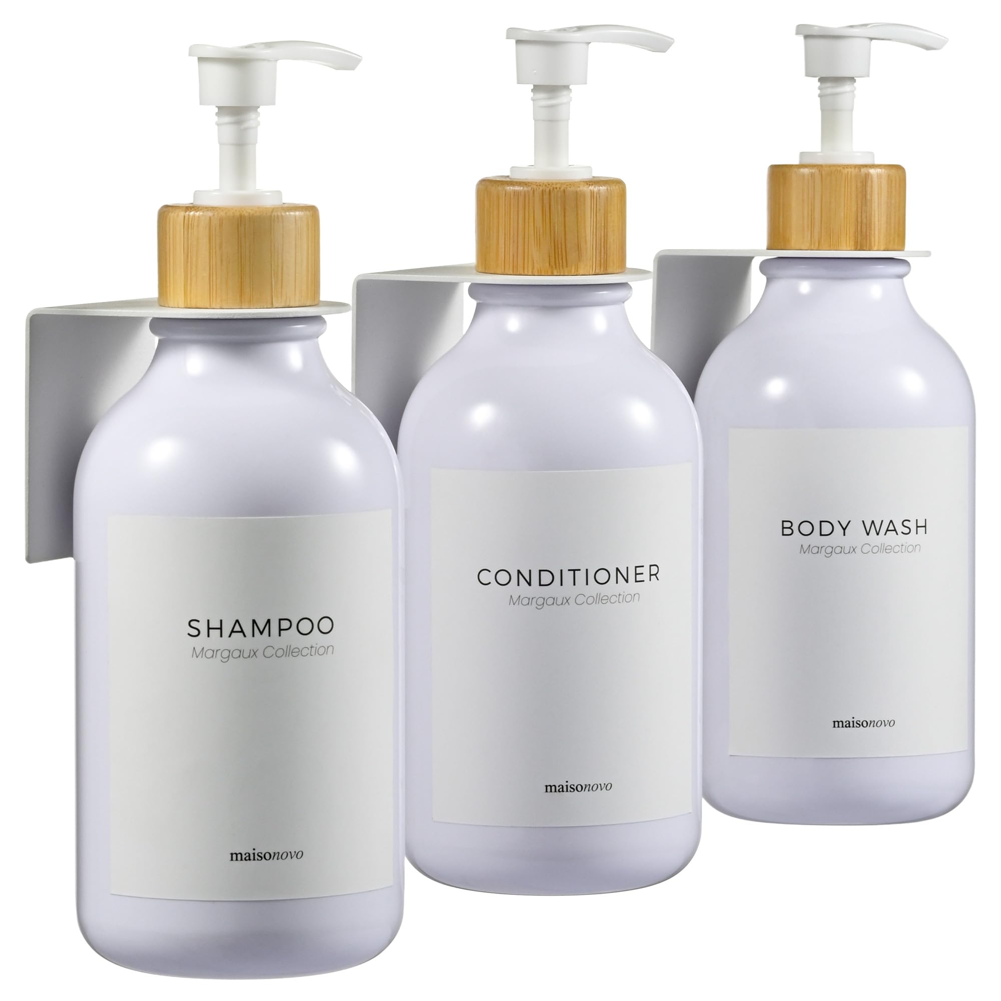 MaisoNovo Shampoo and Conditioner Dispenser - Shower Soap Dispenser Wall Mounted - 16.9 fl oz Set of 3 White Plastic Bottles Whi