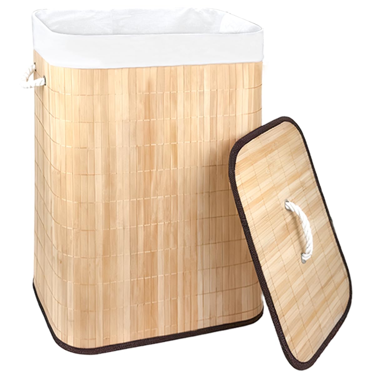 Sunmuliiiy 21 Gallon Bamboo Slim Trash Can with Lid,Slim Laundry Hamper,Removable and Machine Washable Liner,Foldable Slim Recta