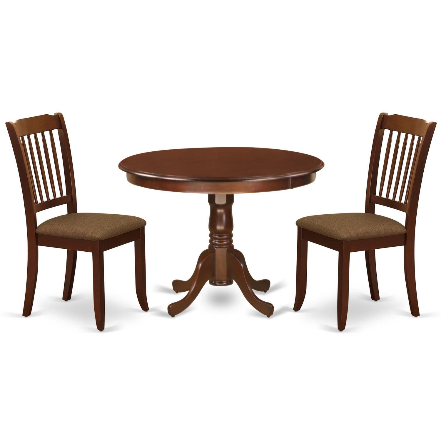 East West Furniture Hlda3-Mah-C 3 Piece Dining Room Table Set Contains A Round Kitchen Table With Pedestal And 2 Linen Fabric Upholstered Dining Chairs, 42X42 Inch, Mahogany