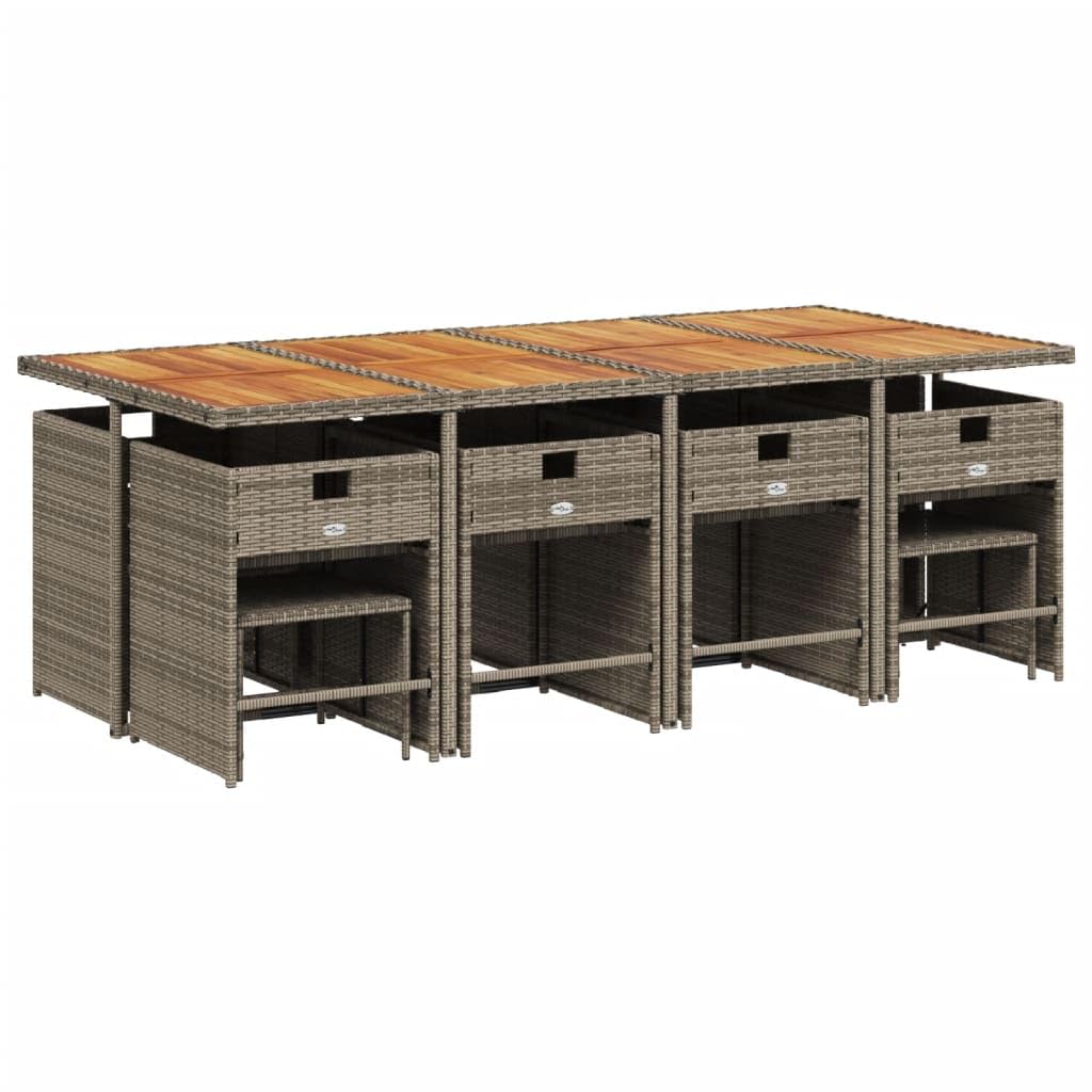 vidaXL Patio Dining Set - 13 Piece Poly Rattan Garden Furniture with Cushions - Gray Outdoor Table, Chairs, and Stools - Rectangular Acacia Wood Top