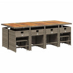 vidaXL Patio Dining Set - 13 Piece Poly Rattan Garden Furniture with Cushions - Gray Outdoor Table, Chairs, and Stools - Rectangular Acacia Wood Top
