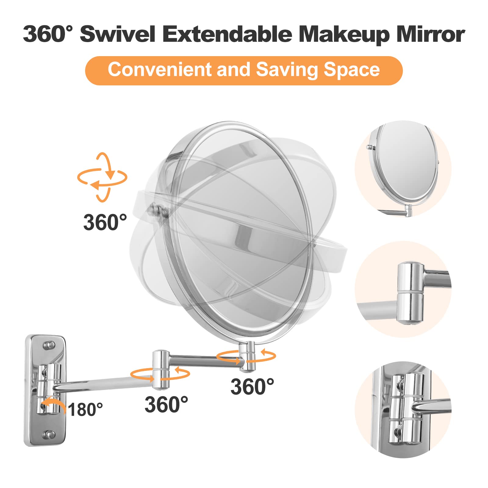 Ffowcye 9' Magnifying Wall Mounted Makeup Mirror, 1X/7X Double-Sided Bathroom Vanity Mirror, Swivel Extendable Shaving Mirror,