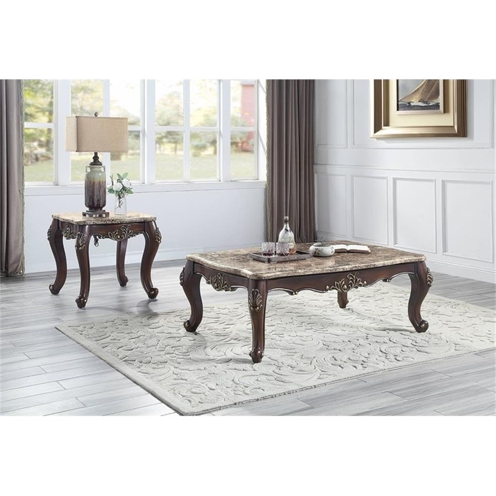 Acme Ragnar Wooden Square End Table in Brown Marble Top and Cherry