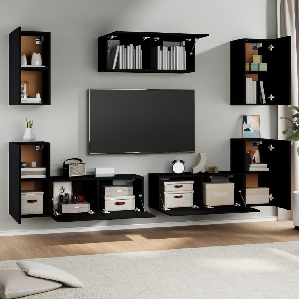 vidaXL TV Stand Set 7 Piece, Wall Mounted Entertainment Center, TV Stand Console with Storage, Modern Style, Black Engineered Wood