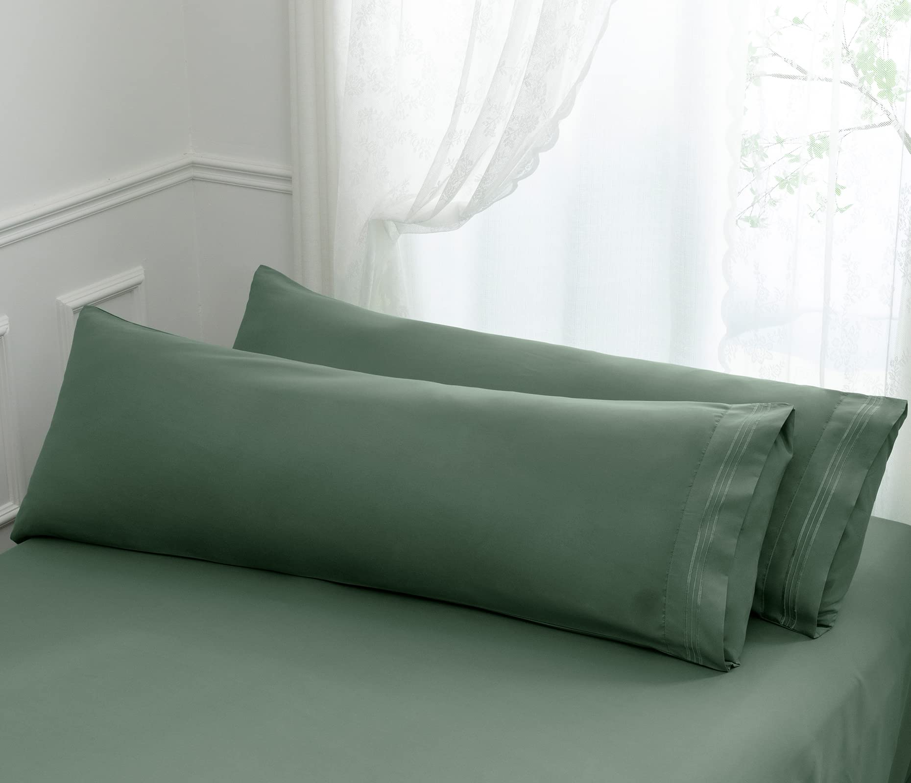Aormenzy Microfiber Pillow Cases - Body Size Set Of 2-1800 Thread Count Ultra Soft Green Pillowcases - Wrinkle Resistant Pillow