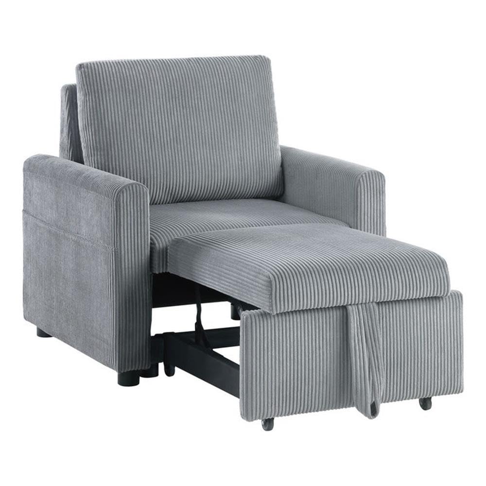 Lilola Home Oswin 32.5" W Gray Corduroy Armchair with Pull-Out Chaise and Side Pocket