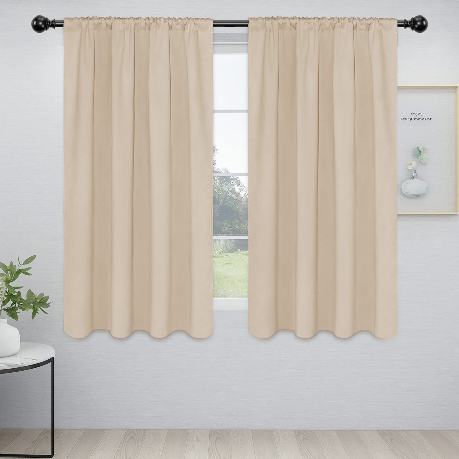 Easy-Going Rod Pocket Blackout Curtains For Bedroom, Room Darkening Window Curtains For Living Room, Thermal Insulated Noise Reduction Solid Window Drapes, 2 Panels(52X63 In, Beige)