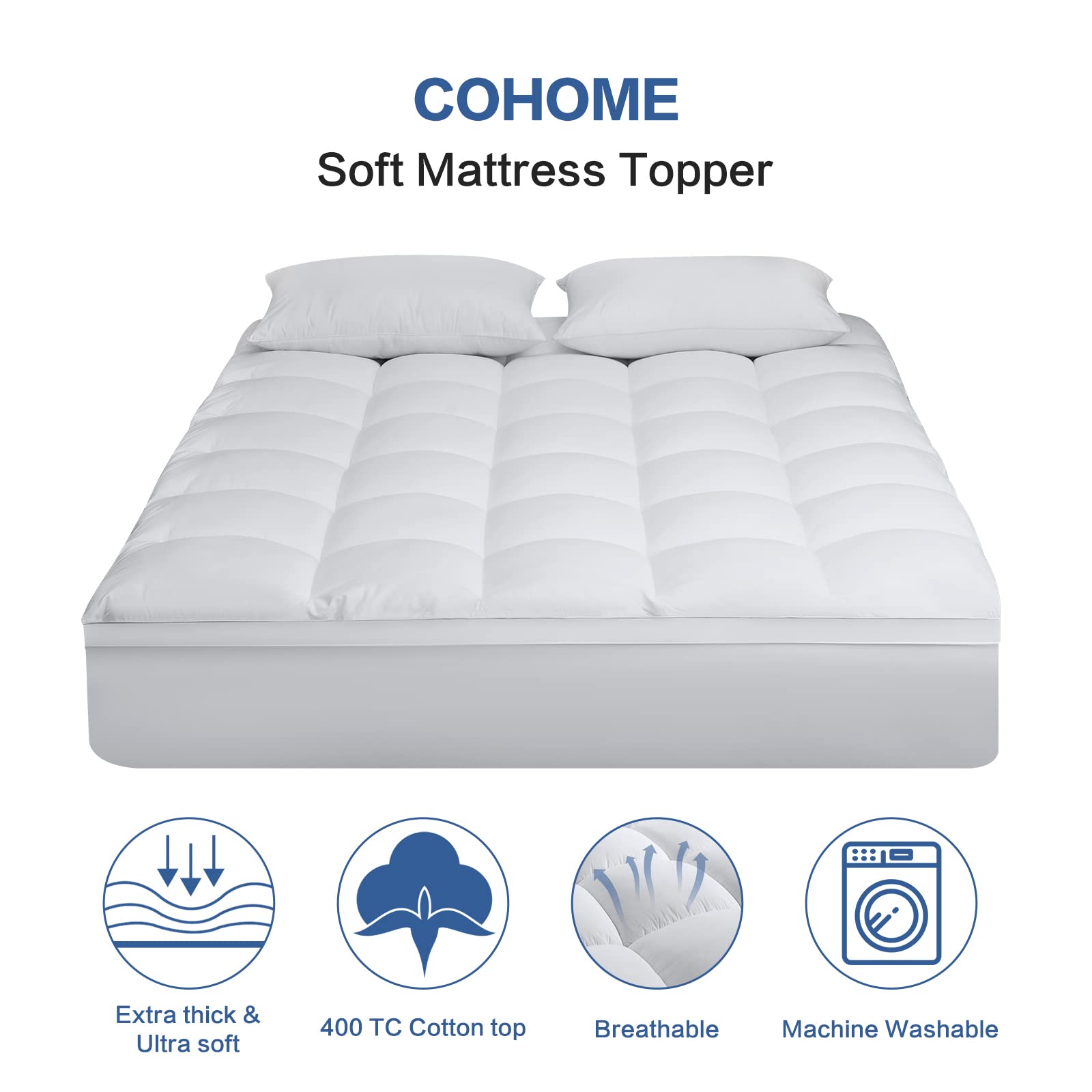 Cohome Twin Xl Mattress Topper Extra Thick Cooling Mattress Pad 400Tc Cotton Top Plush Down Alternative Fill Pillow Top Mattress