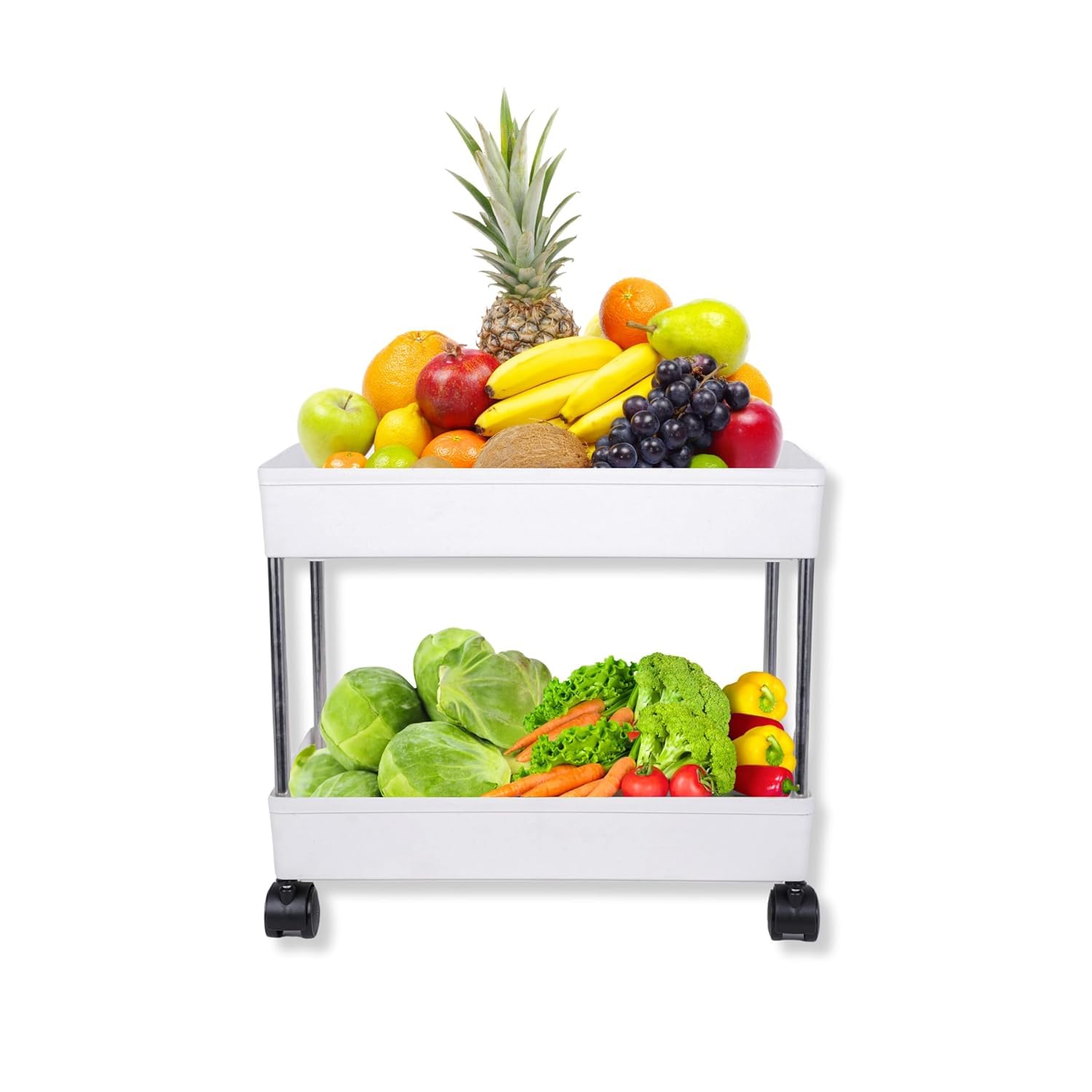 Exelcius 2Tier Kitchen Trolley Rack With Wheels, Multipurpose Storage Organizer With Steel Pipes, Mobile Vegetable & Fruit Stan