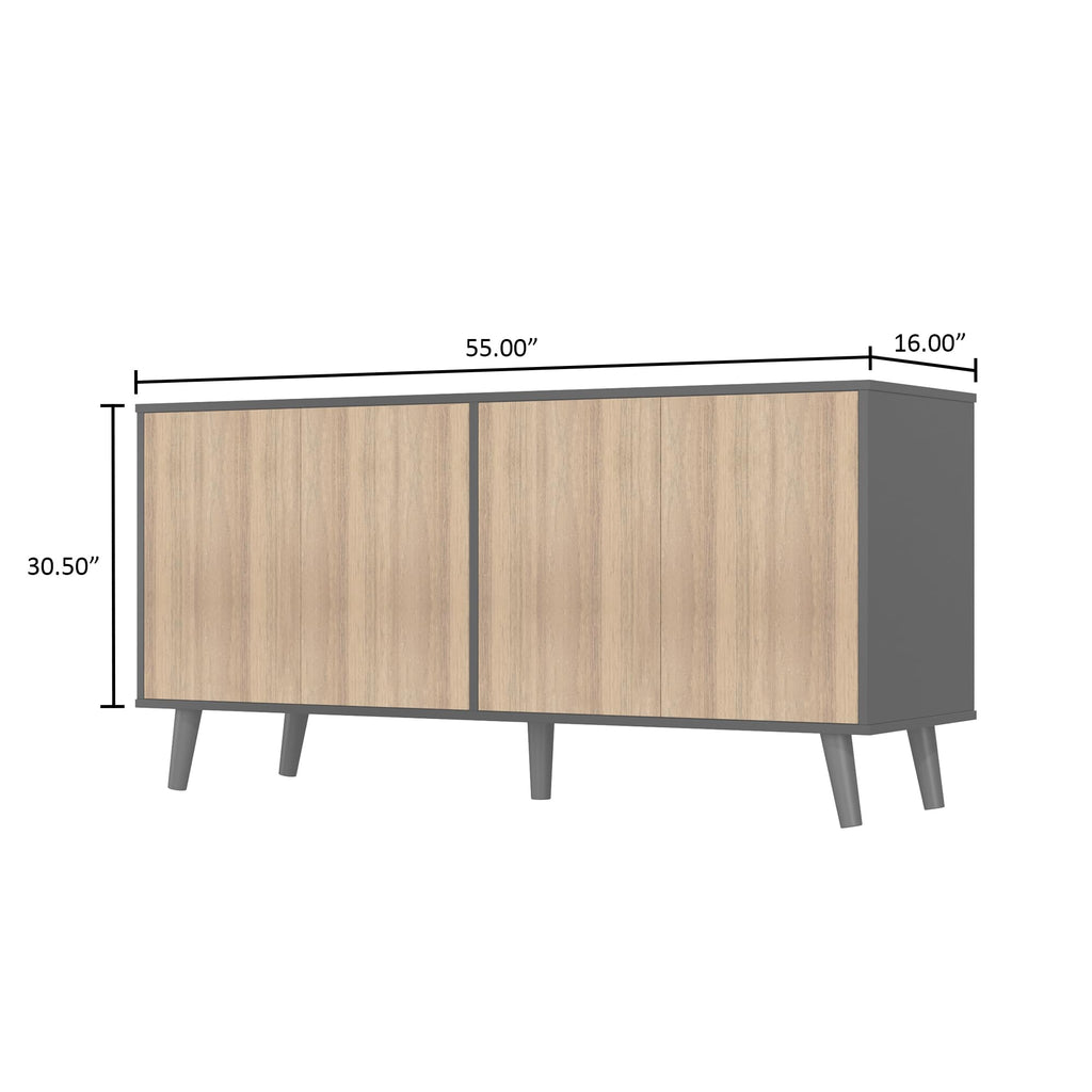 Sideboard Buffet Cabinet with Storage, 55" Kitchen Storage Cabinets with 4 Doors and Shelves (Dark Gray & Natural)