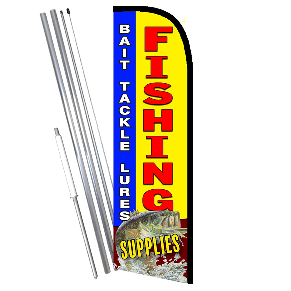 Fishing Supplies Bait Tackle Lures Premium Windless Feather Flag Bundle (11.5' Tall Flag, 15' Tall Flagpole, Ground Mount Stake)