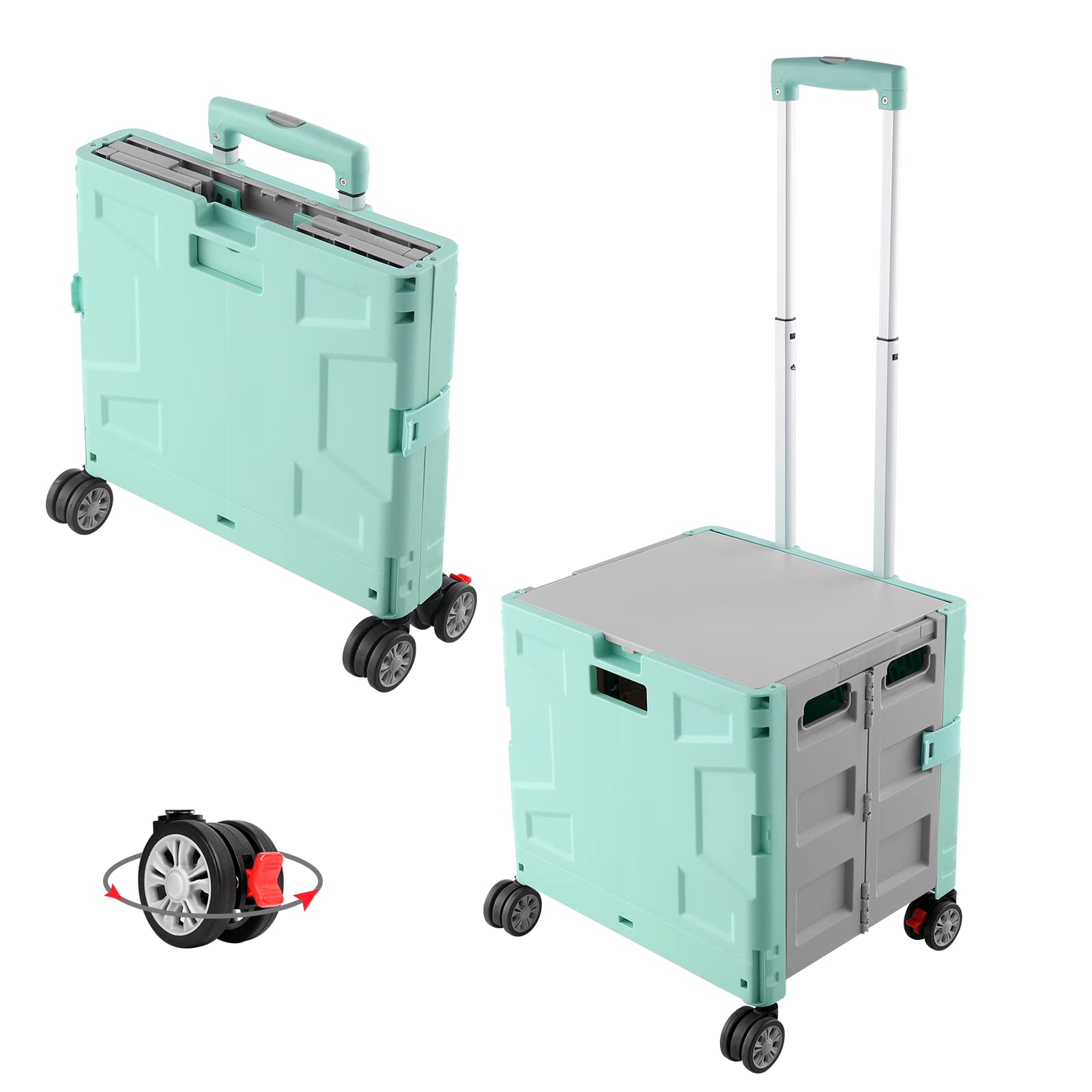 FELICON Folding Utility Cart Portable Rolling Crate Handcart with Durable Heavy Duty Plastic Telescoping Handle Collapsible Hidd