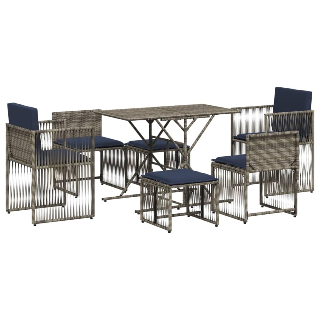 vidaXL 7-Piece Patio Dining Set with Cushions - Gray Poly Rattan & Powder-Coated Steel Outdoor Garden Furniture - Arm Chairs, Armless Chairs, Stools - Compact Storage & Removable Covers