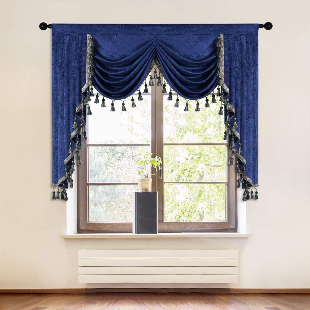 Elkca Royal Blue Curtain Valance For Living Room Thick Chenille Window Curtains For Bedroom Waterfall Valance, Rod Pocket (W69In