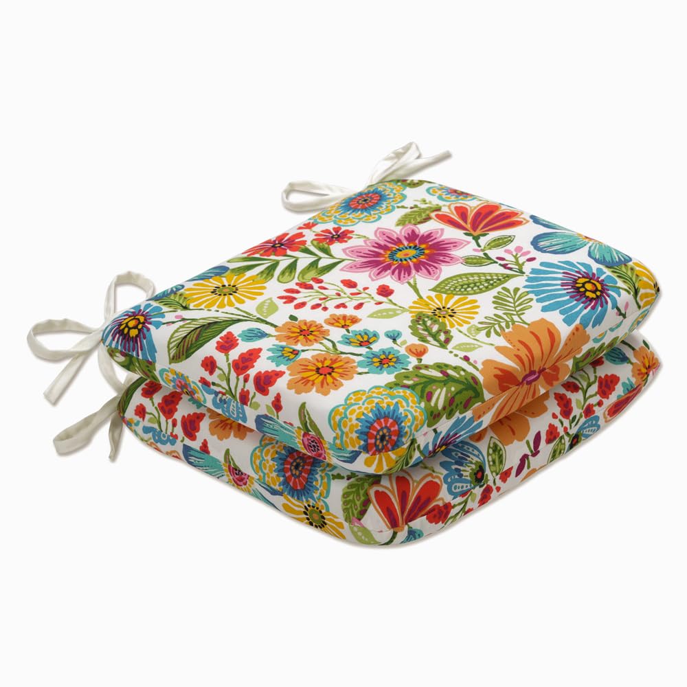 Pillow Perfect Bright Floral Indoor/Outdoor Round Corner Chair Seat Cushion With Ties, Plush Fiber Fill, Weather, And Fade Resis