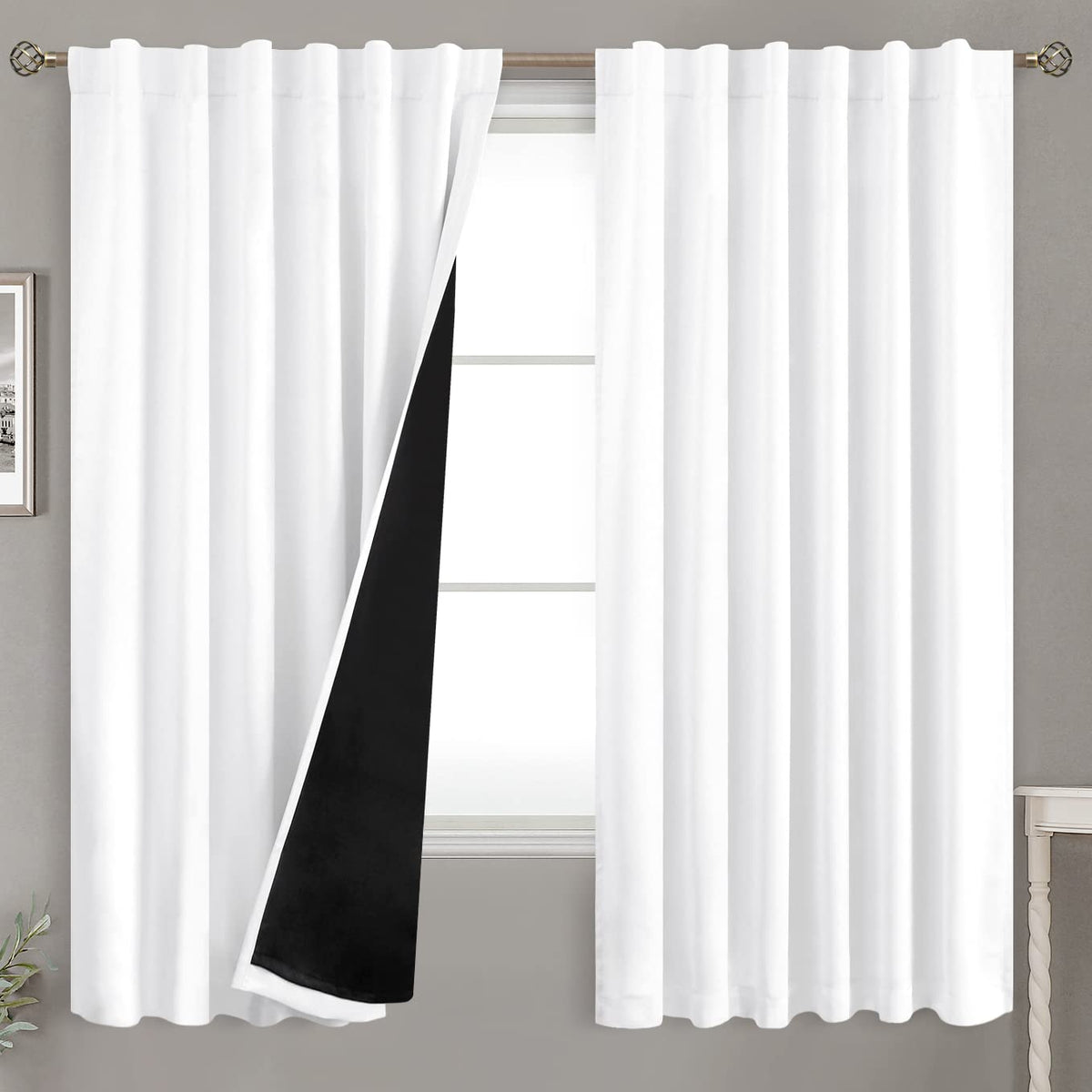 Bgment Pure White 100% Blackout Curtains 63 Inches Long With Thermal Insulated Liner, Rod Pocket And Back Tab Double Layer Full