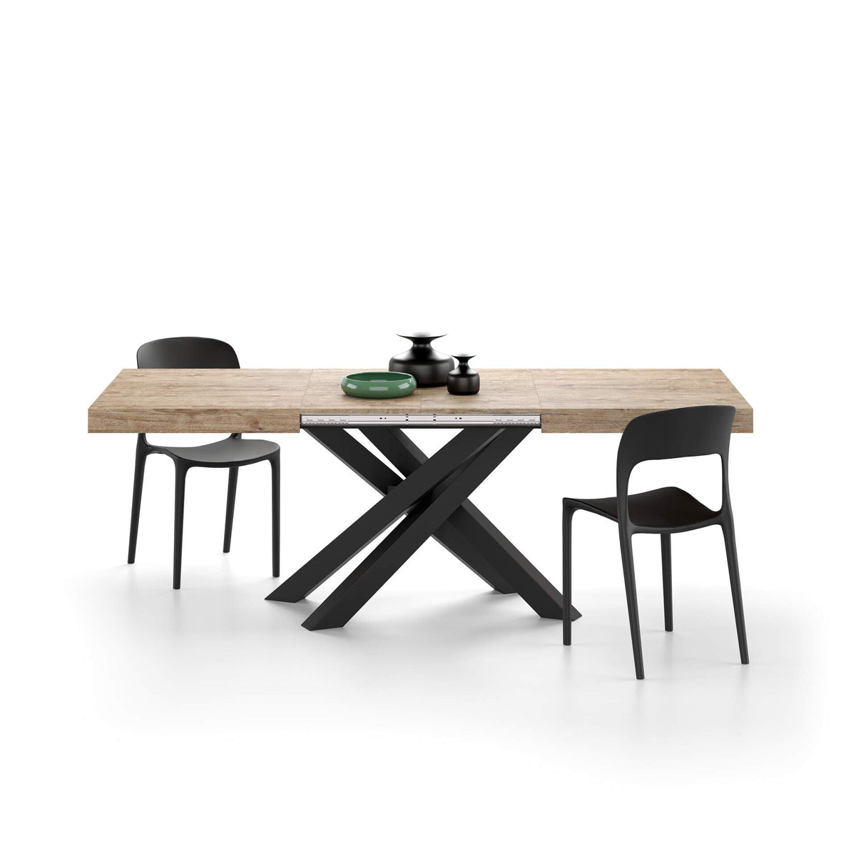 Mobili Fiver, Emma 55.11(86,6) X35,4 In Extendable Table, Oak With Black Crossed Legs, For 6-10 People, Expandable Dining Table For Kitchen, Living Room, Italian Furniture