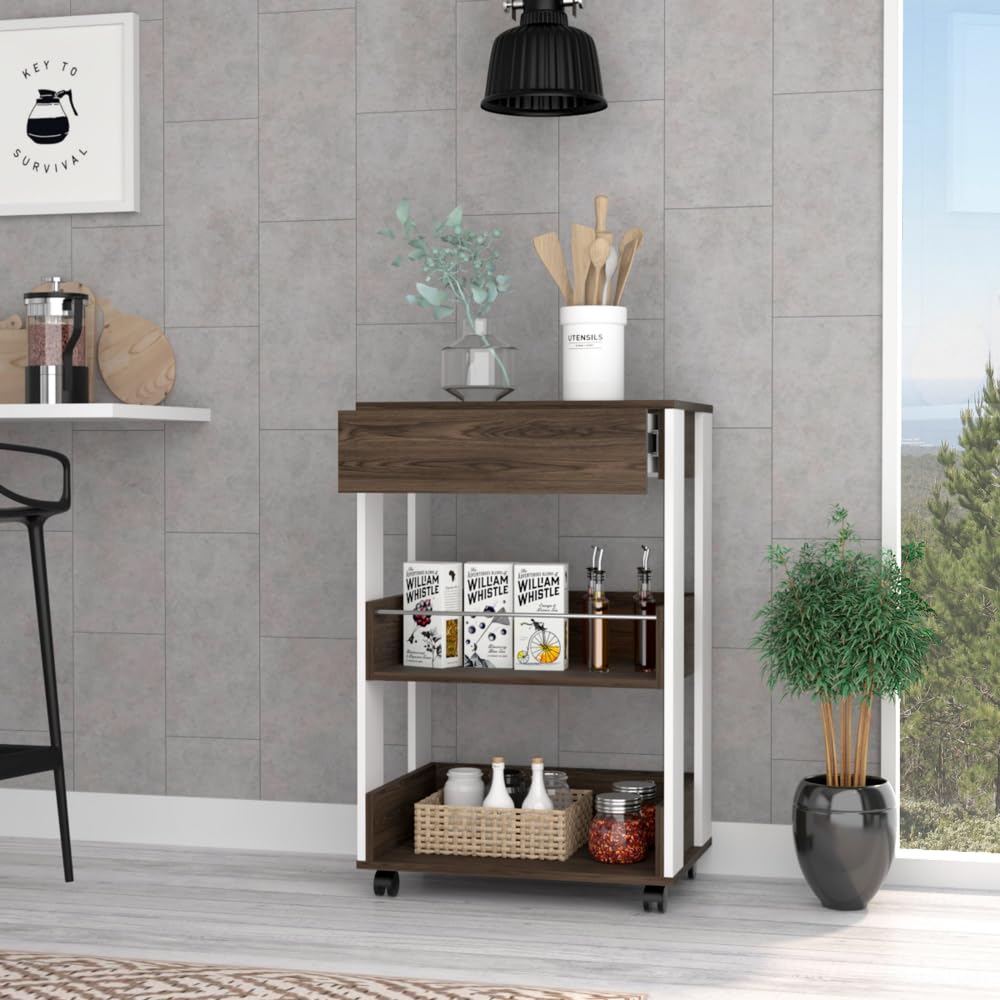 Kitchen Cart Coron with Drawer, Three-Tier Shelves and Casters- White/Dark Walnut