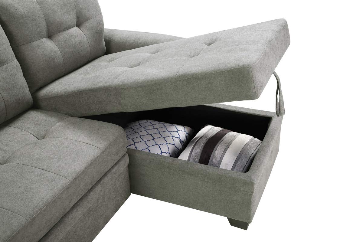 Lilola Home Connor Light Gray Fabric Reversible Sectional Sleeper Sofa Chaise with Storage