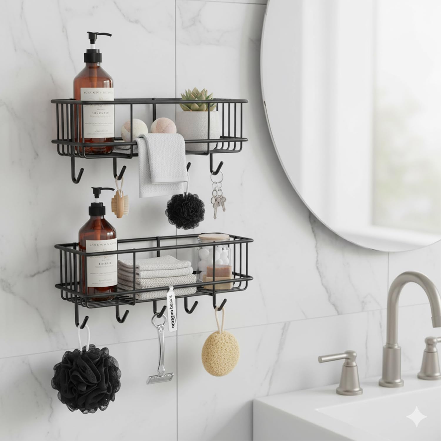Amazon Basics Wall Mounted Bath Rack With Hooks | Self Adhesive| Mild Steel Bathroom Shelf For Toiletries, Loofahs & Razors | St