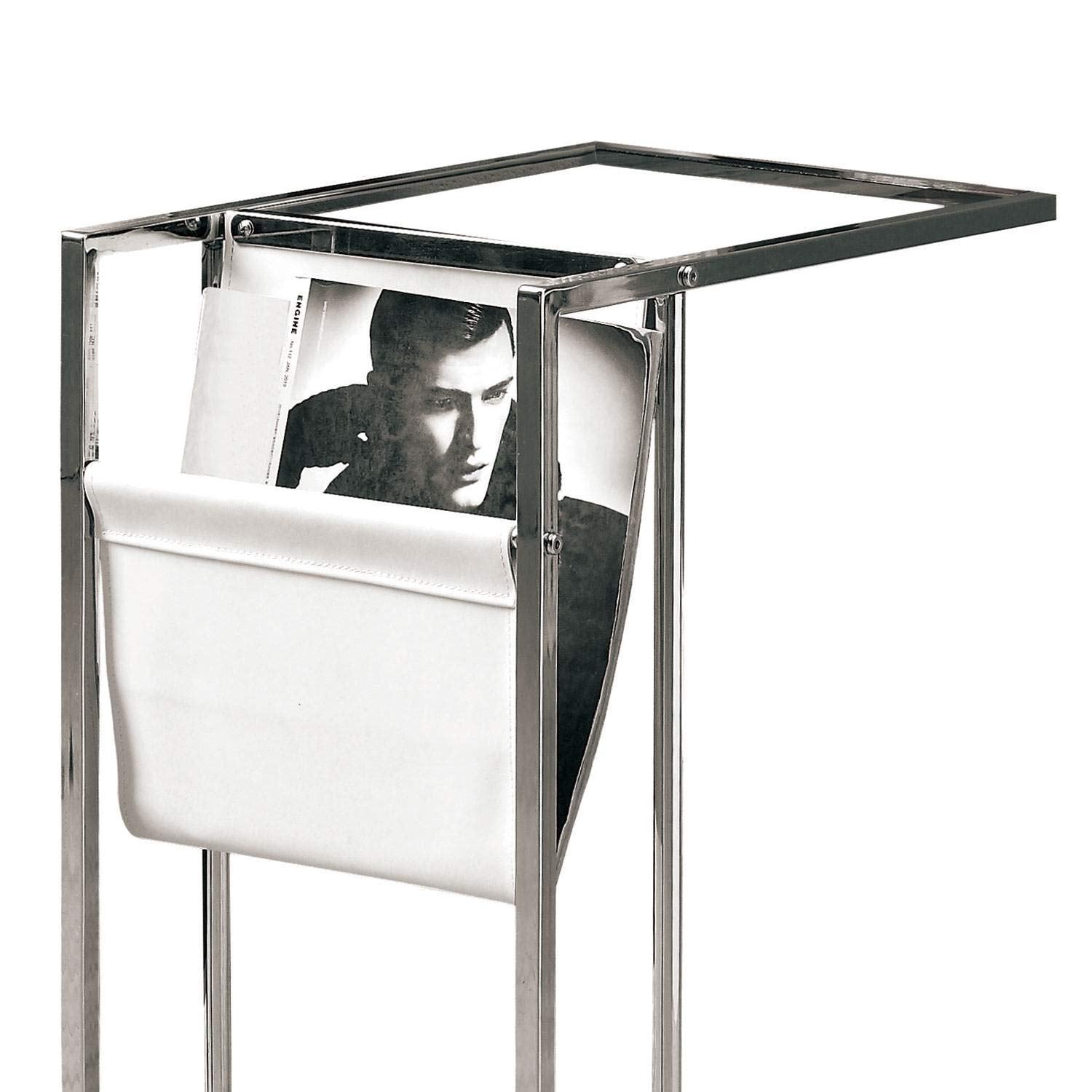 Monarch Specialties 3034, C-Shaped, End, Side, Snack, Storage, Living Room, Bedroom, Pu Leather Look, Clear Accent Table Chrome Metal With A Magazine Rack, 12&quot; L X 19.5&quot; W X 24&quot; H, Glossy White