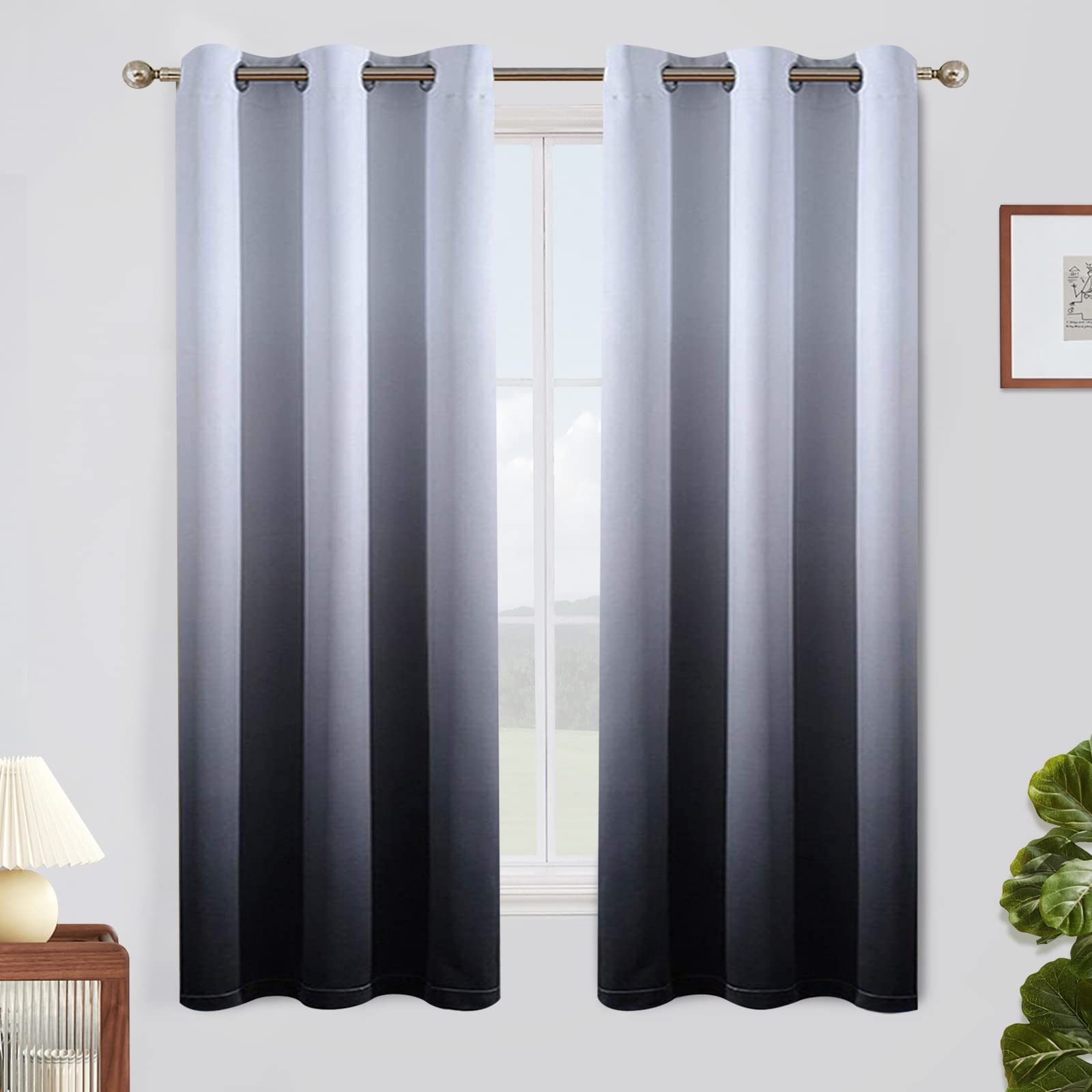 Simplehome Ombre Curtains 42 X 63 Inch For Bedroom 2 Panels, Gradient Grey White To Black Light Blocking Thermal Insulated Gromm