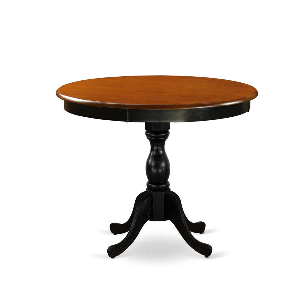 East West Furniture Amen3-Bch-20 3 Piece Dining Table Set Contains A Round Dining Room Table With Pedestal And 2 Dark Gotham Linen Fabric Upholstered Chairs, 36X36 Inch, Black & Cherry