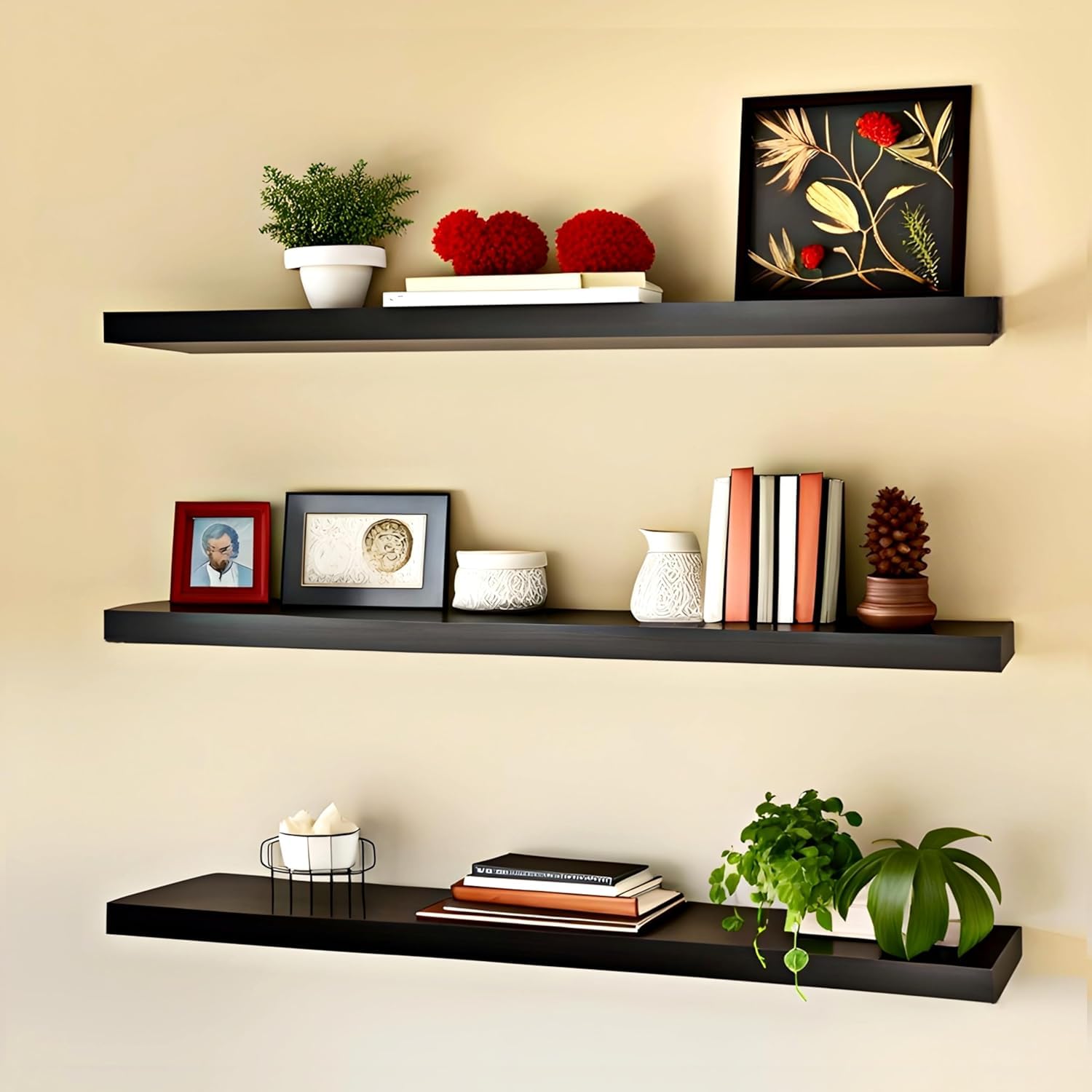 Modern Floating Wall Shelves Set of 3  Black Wooden Display Shelves for Living Room, Bedroom, Kitchen & Office | Wall Mounted S