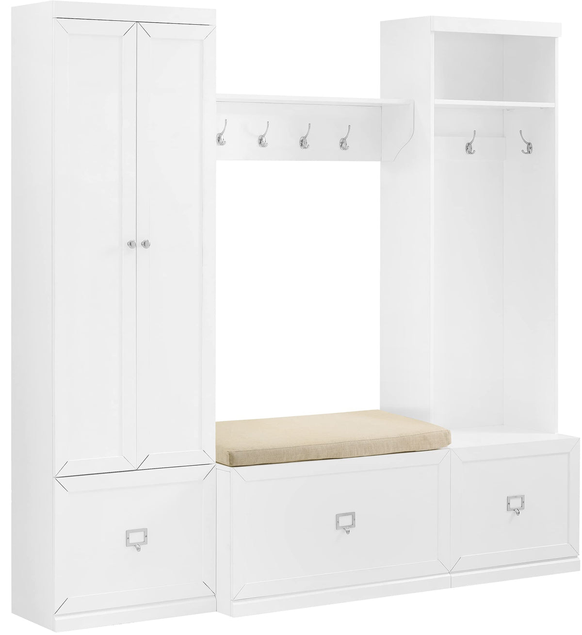 Crosley Furniture Harper 4-Piece Hall Tree, Storage Cabinet, Shoe Rack Bench, And Wall Shelf Set With Hooks, White