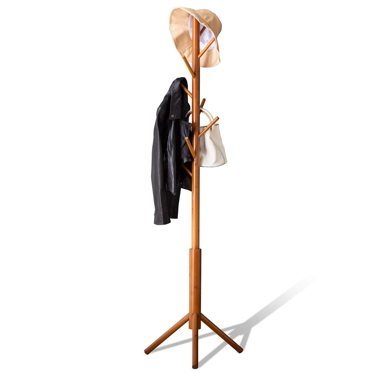 BMOSU Coat Rack freestanding Stand Bamboo Wooden Coat Tree 8 Hooks 3 Adjustable Standing Jackets Hanger Hallway Corner Parlor(Br