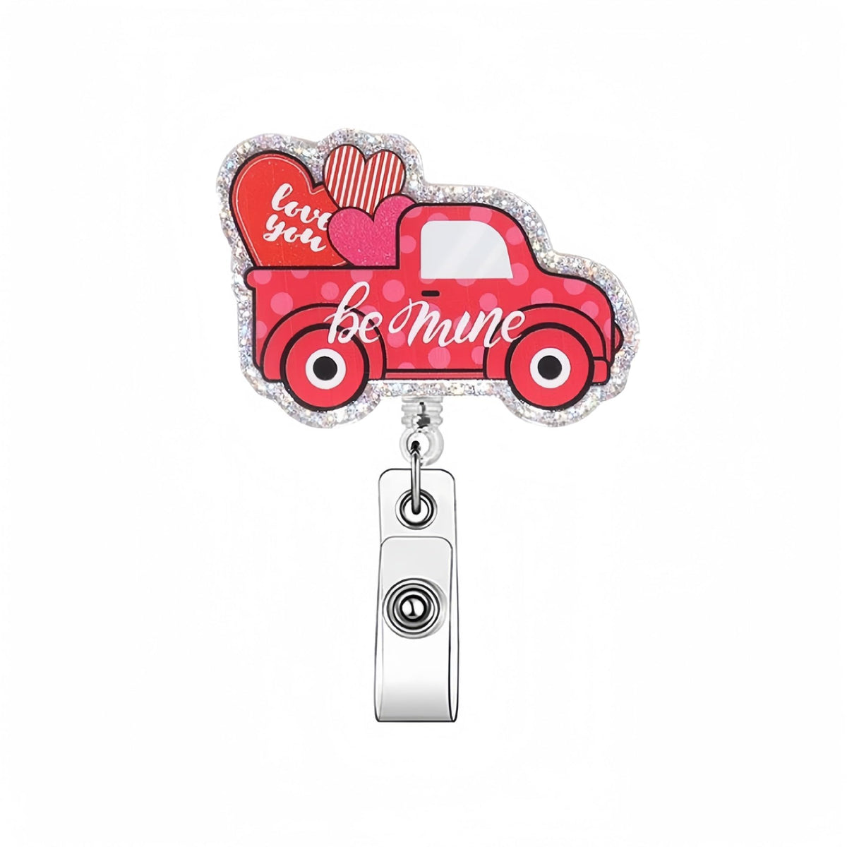 Valentine Day Heart Car Badge Reel Retractable Alligator Badge Clip Valentine Badge Holder Acrylic Glitter Badge Reels Nurse Doc