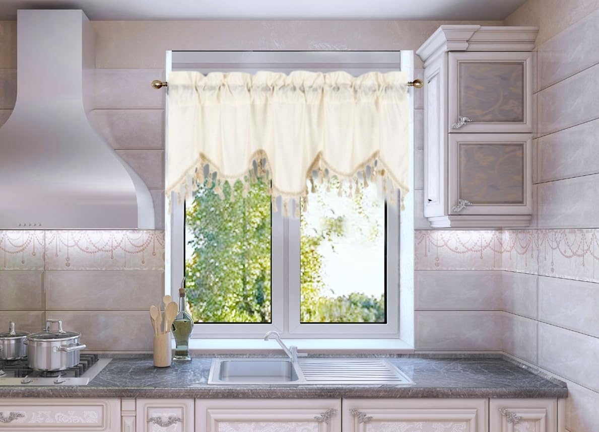 Solid Faux Silk Swag Waterfall Cascade Ascot Window Curtain Valance W/Tassels Trim 55' X18' Wave (1, Ivory Beige)