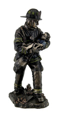 Resin Statues Firefighter Carrying Child Metallic Bronze Statue 11 Inches Tall 5 X 11 X 4.5 Inches Bronze
