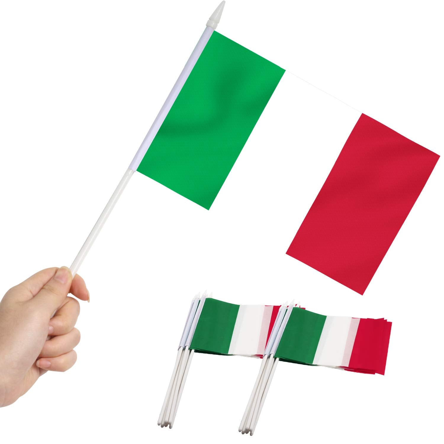 Anley Italy Mini Flag 12 Pack - Hand Held Small Miniature Italian Flags On Stick - Fade Resistant & Vivid Colors - 5X8 Inch With