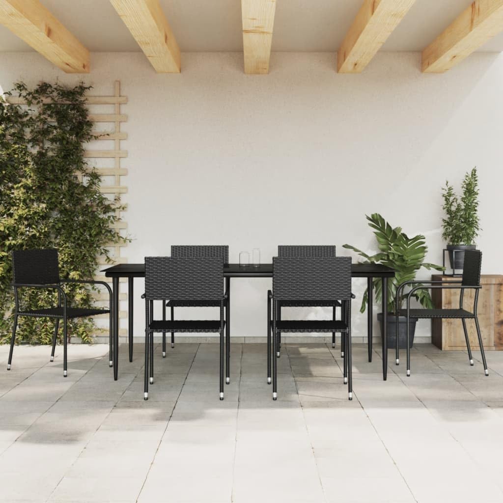vidaXL 7-Piece Patio Dining Set in Elite Black - Weather-Resistant Poly Rattan and Sturdy Steel Material, Space-Saving Stackable Chairs, Rectangular Table with Tempered Glass Top’