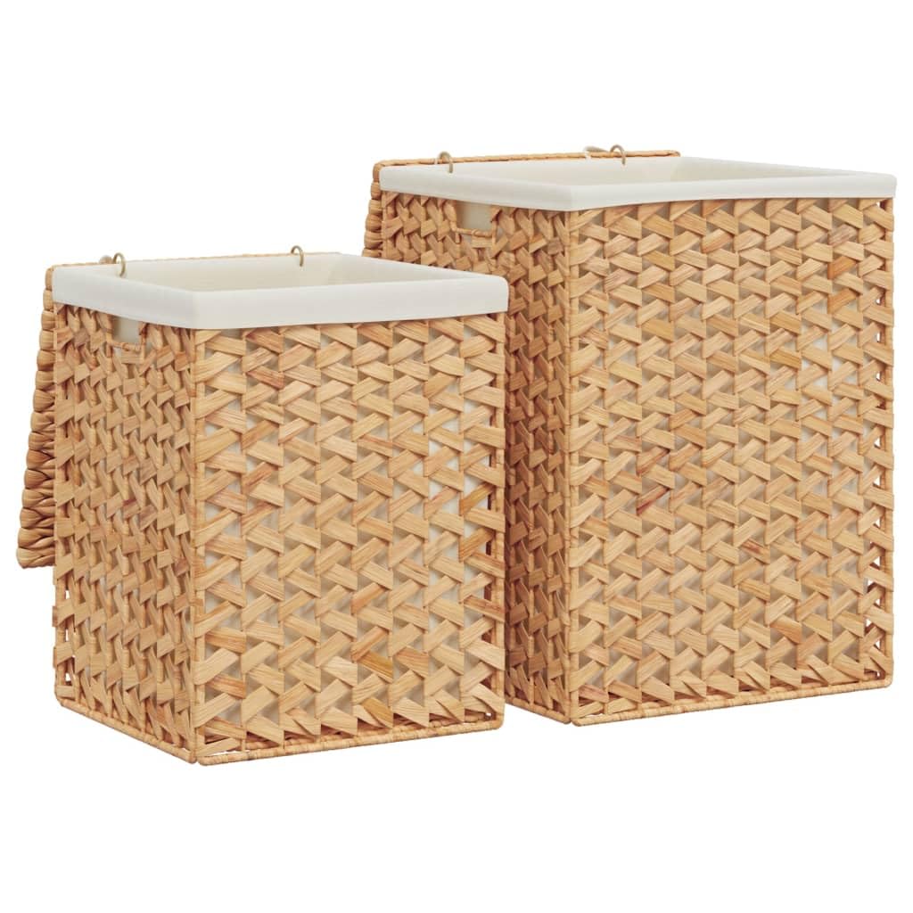 'vidaXL Water Hyacinth Laundry Baskets 2 pcs Set with Lid - Rustic, Durable, Foldable and Space-saving - Cream-white Liner, Metal Frame, Brown