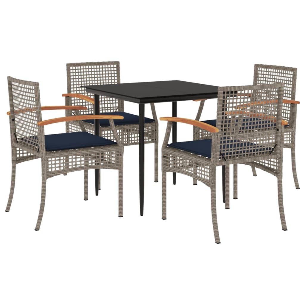 vidaXL - Patio Dining Set with Cushions - 5 Piece - Gray Poly Rattan - Tempered Glass Tabletop - Outdoor Furniture for Garden/Backyard/Patio - Modern Style