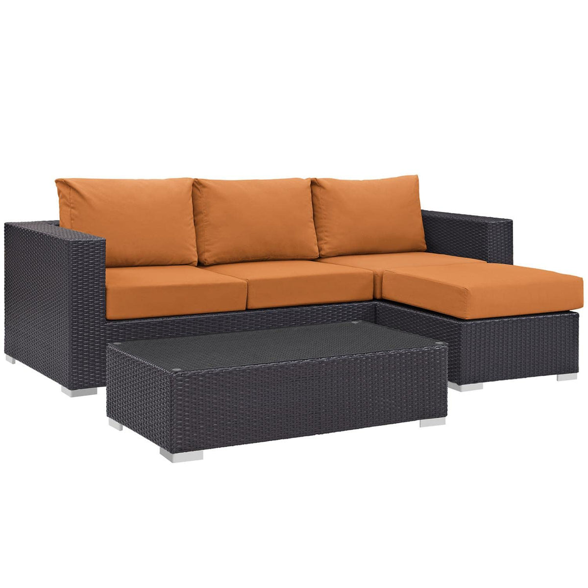 Modway Convene Wicker Rattan 3-Piece Outdoor Patio Furniture Sofa Set In Espresso Orange