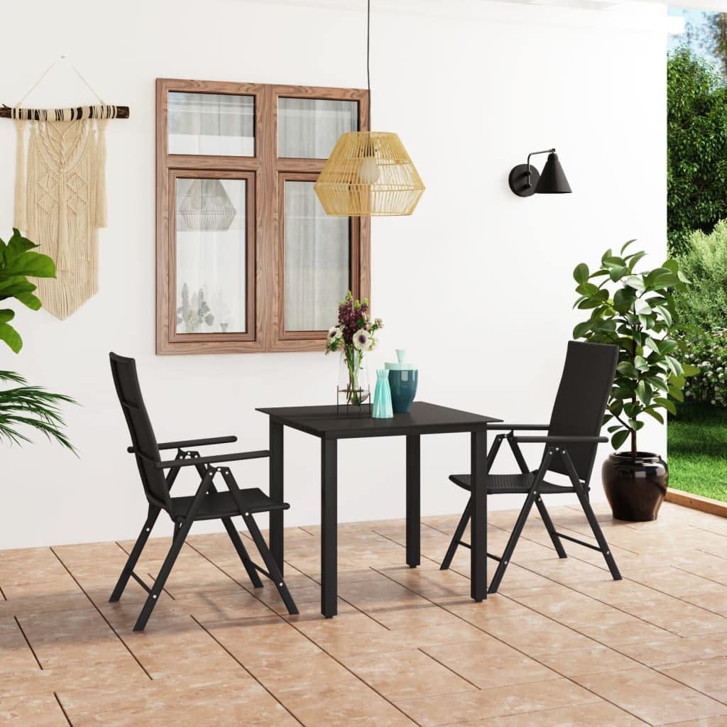 vidaXL 7-Piece Outdoor Dining Set with Adjustable Chairs and Glass Tabletop; Black PE Rattan and Aluminum Construction for Garden, Patio, Terrace