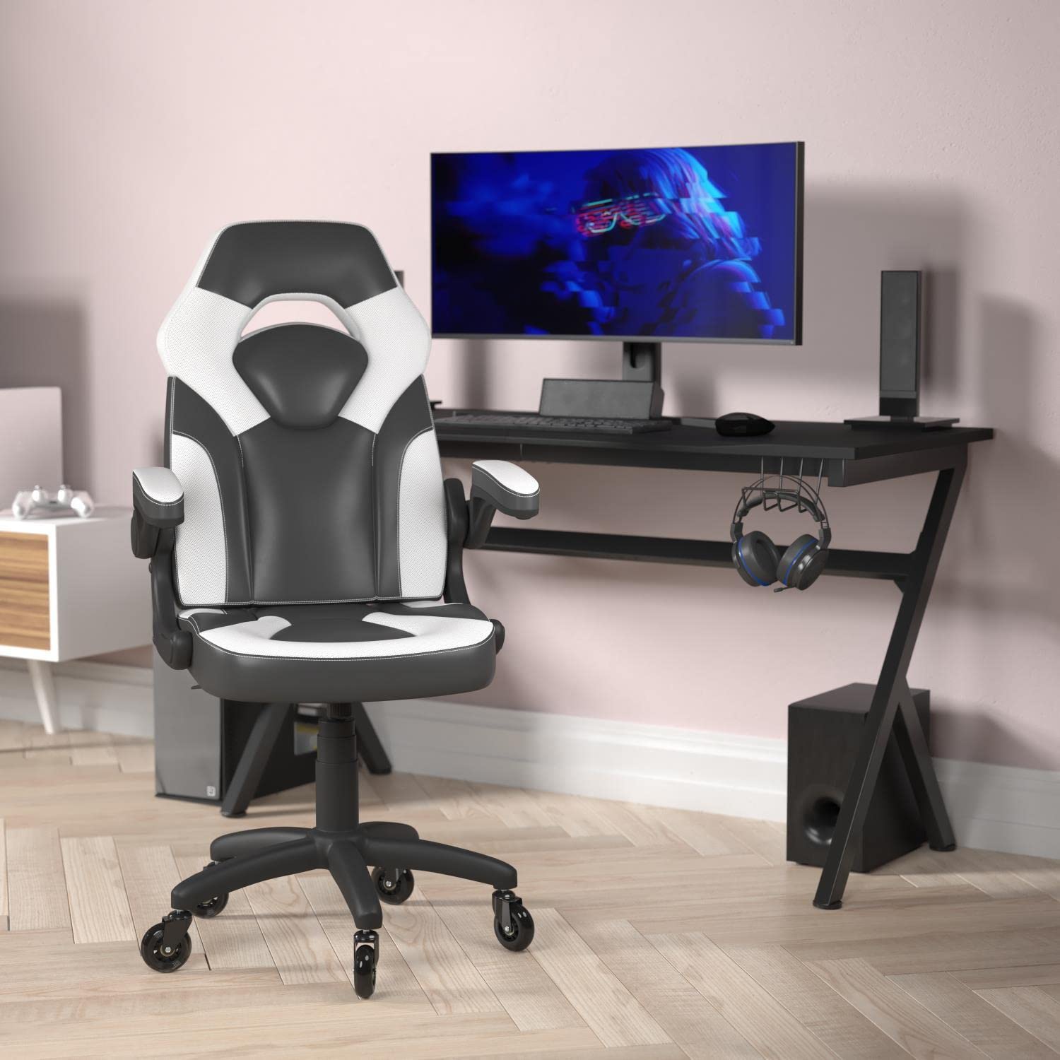 Flash Furniture X10 Gaming Chair Racing Office Computer Pc Adjustable Chair With Flip-Up Arms And Transparent Roller Wheels, White/Black Leathersoft