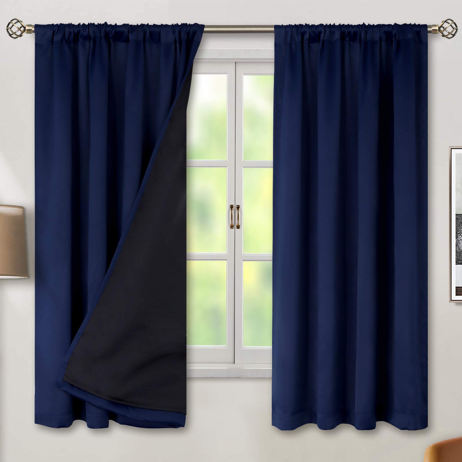 BGment Navy Blue Black-Out 63 Inch Length Curtains for Bedroom Windows with Black Liner, Double Layer Thermal Curtains Room Dark