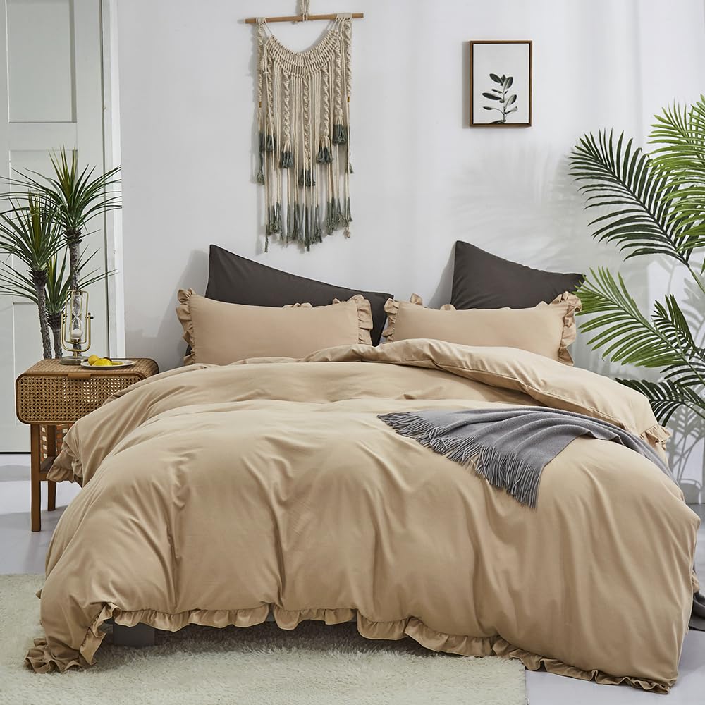 Clothknow Champagne California King Comforter Set 3Pcs Ruffles Bedding Comforter Sets Boho Khaki Comforter Beige Comforter Soft
