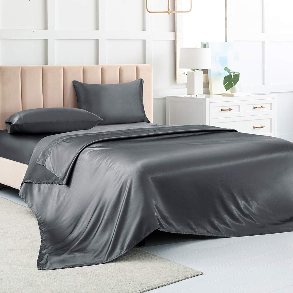 Satin Bed Sheets Full Size Sheet Sets, Grey Silk Sheets, 4 - Pieces Soft Bedding Set With 1 Deep Pocket Fitted Sheet,1 Flat Shee