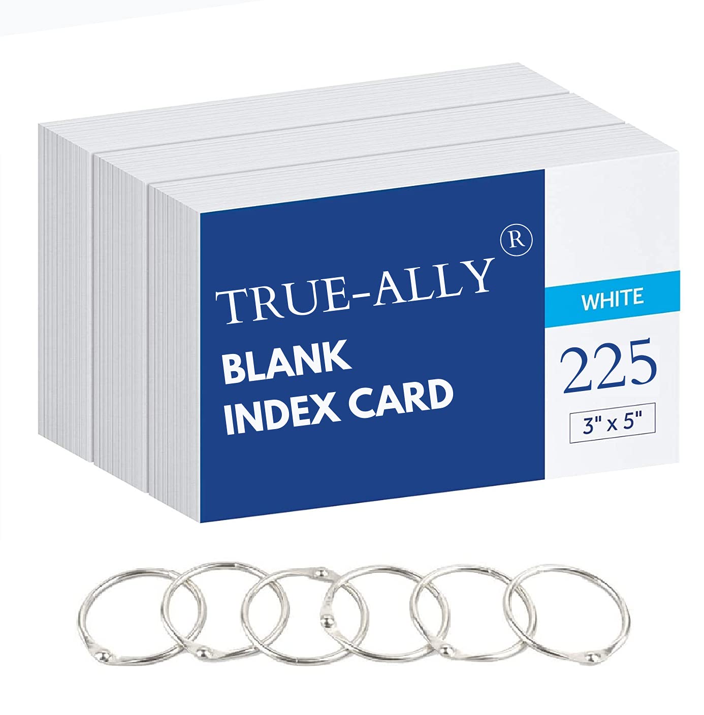 True-Ally unruled Index Flash Cards - 3x5 inch, White, 225 Cards, 200 GSM - with Free Binder Rings for Short Notes, cue Cards, C